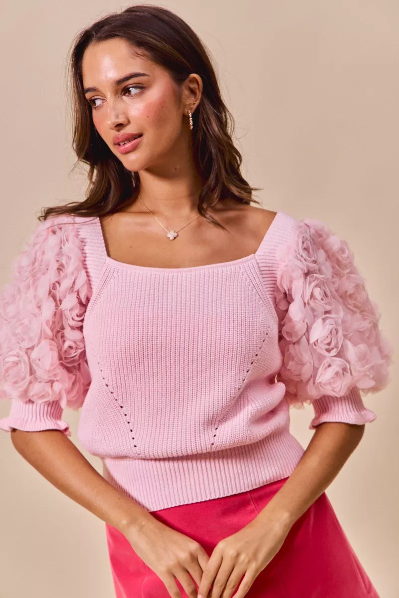 SO ME Rosette Sleeves Square Neck Sweater Knit Top