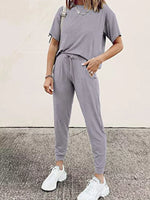 Full Size Round Neck Top and Drawstring Pants Set Plus Size