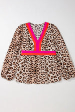 Leopard Print V-Neck Blouse with Contrast Trim