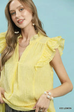 Umgee Textured Ruffle Sleeve Split V Neck Top