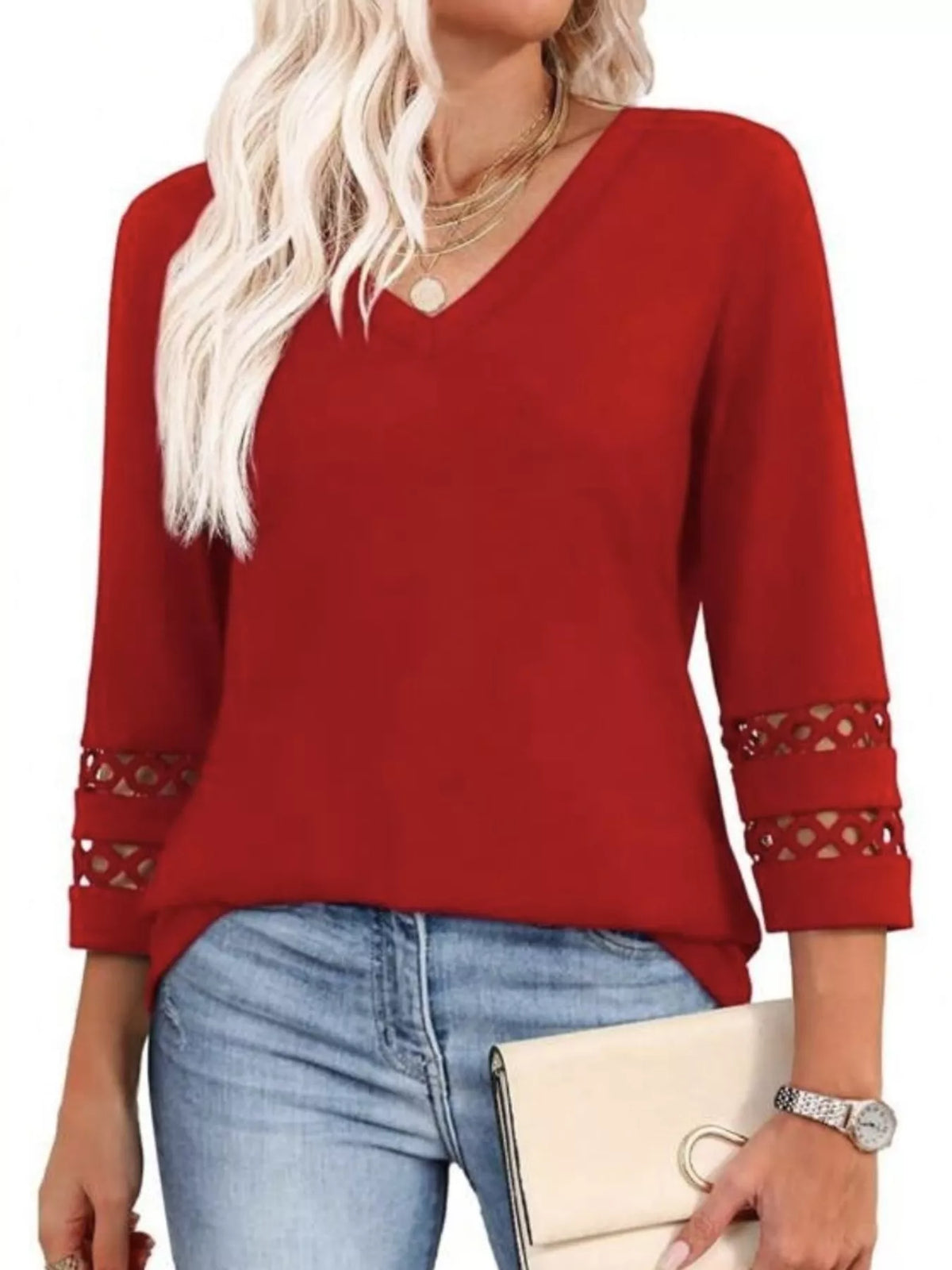 Full Size V-Neck 3/4 Sleeve T-Shirt Plus Size