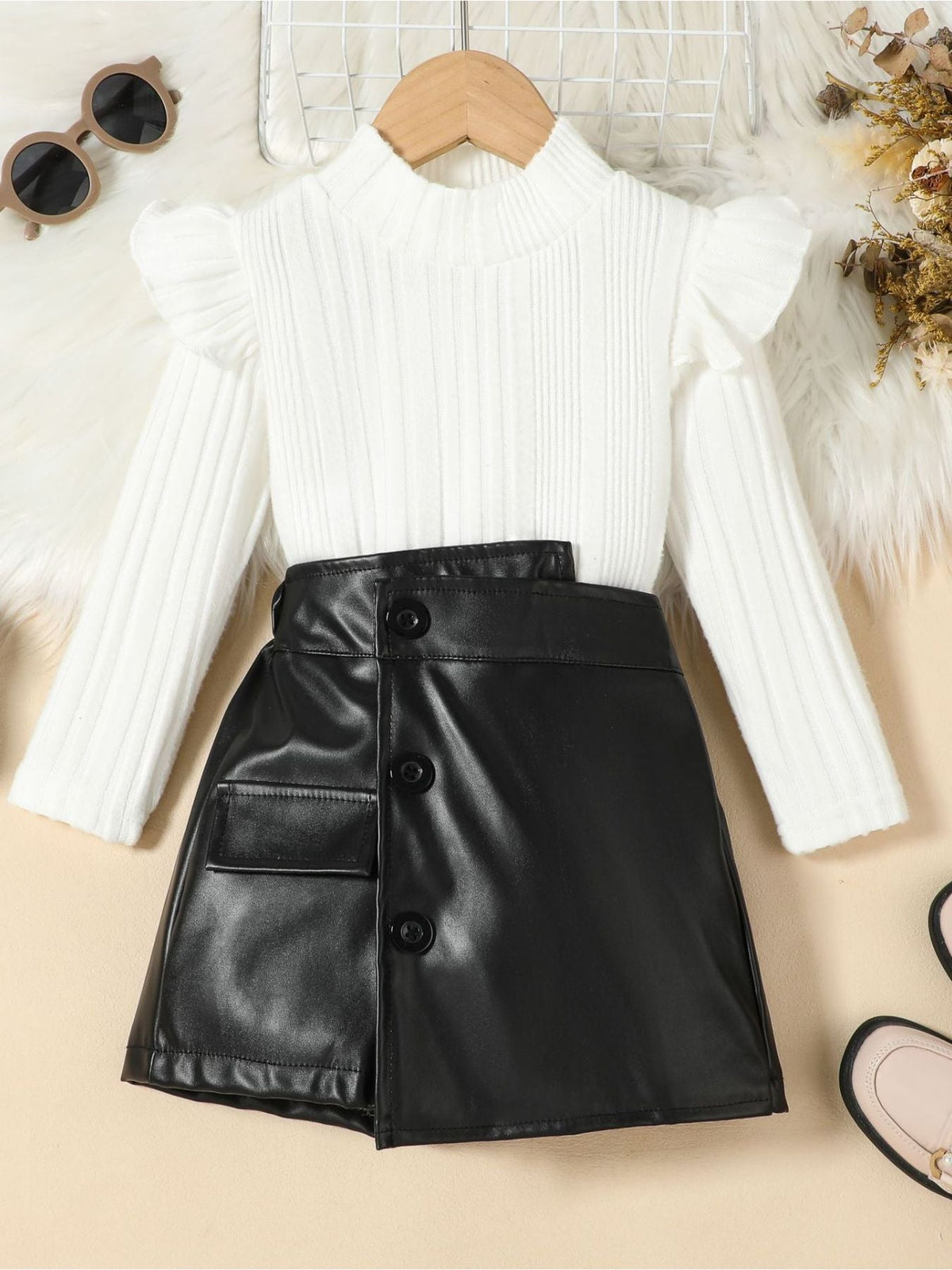 Children's Ribbed Knit Top and Leather Skirt Set