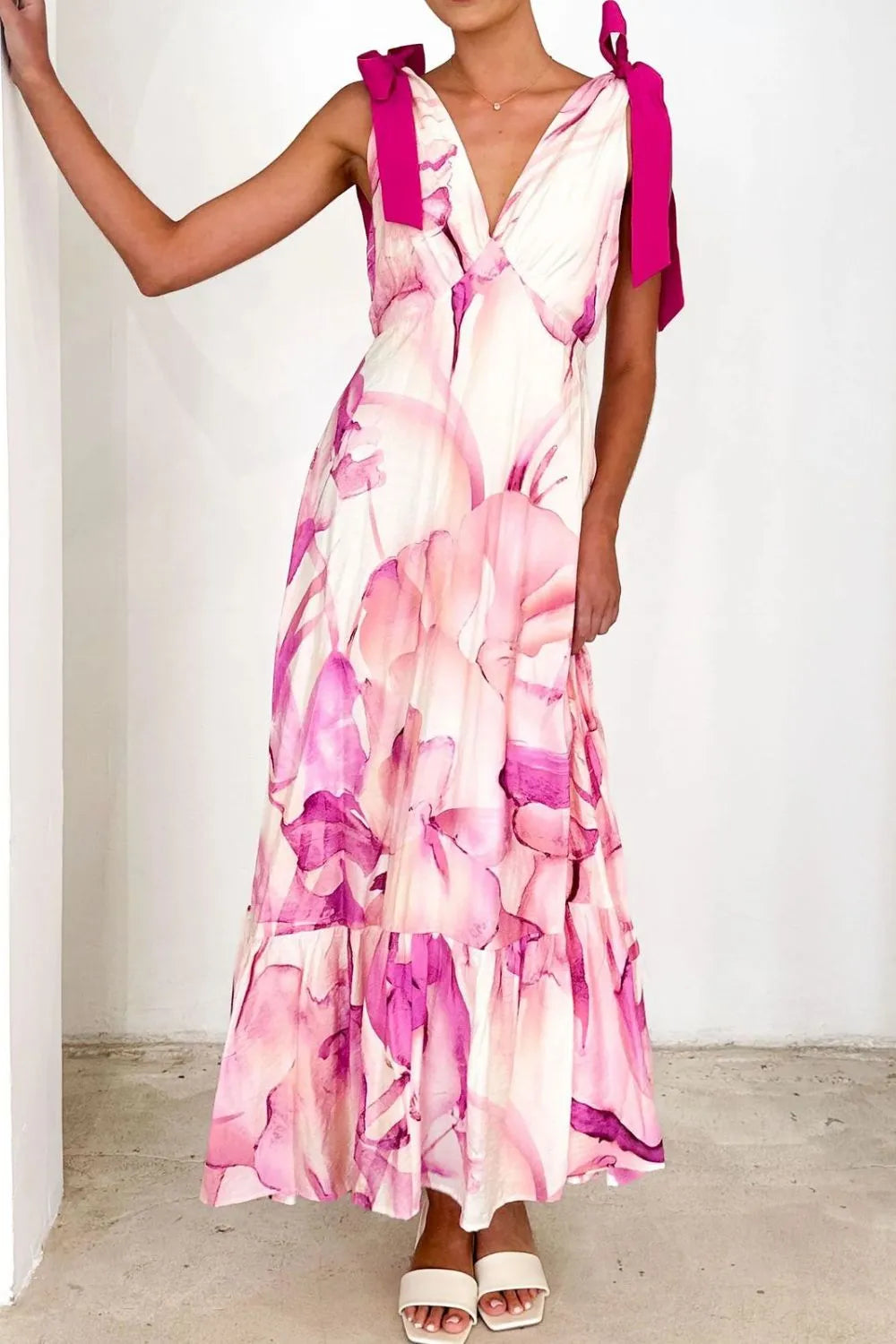 Printed V-Neck Tie Shoulder Midi Cami Dress