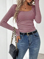 Striped Square Neck Long Sleeve T-Shirt