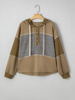 Mixed Texture Patchwork Exposed Seam Half Button Hoodie