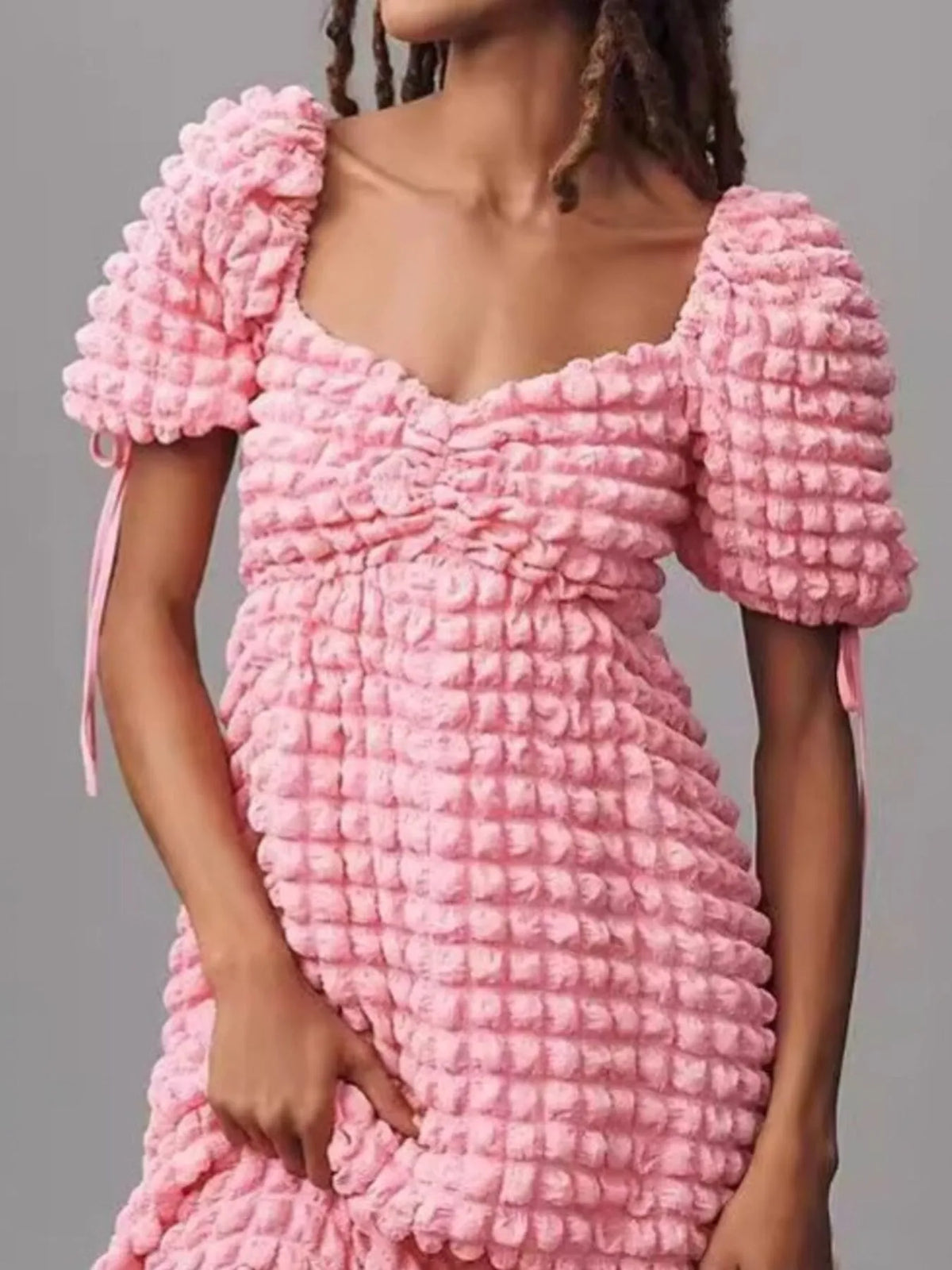 Textured Sweetheart Neck Short Sleeve Dress