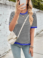 Lovelet Striped Contrast Round Neck Half Sleeve Knit Top