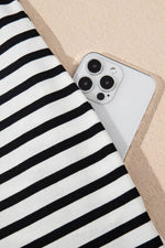 Stripe Contrast V Neck Collared Puff Sleeve T Shirt Mini Dress with Pockets