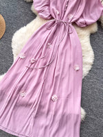 Floral Decor Tie Waist Puff Sleeve Dress