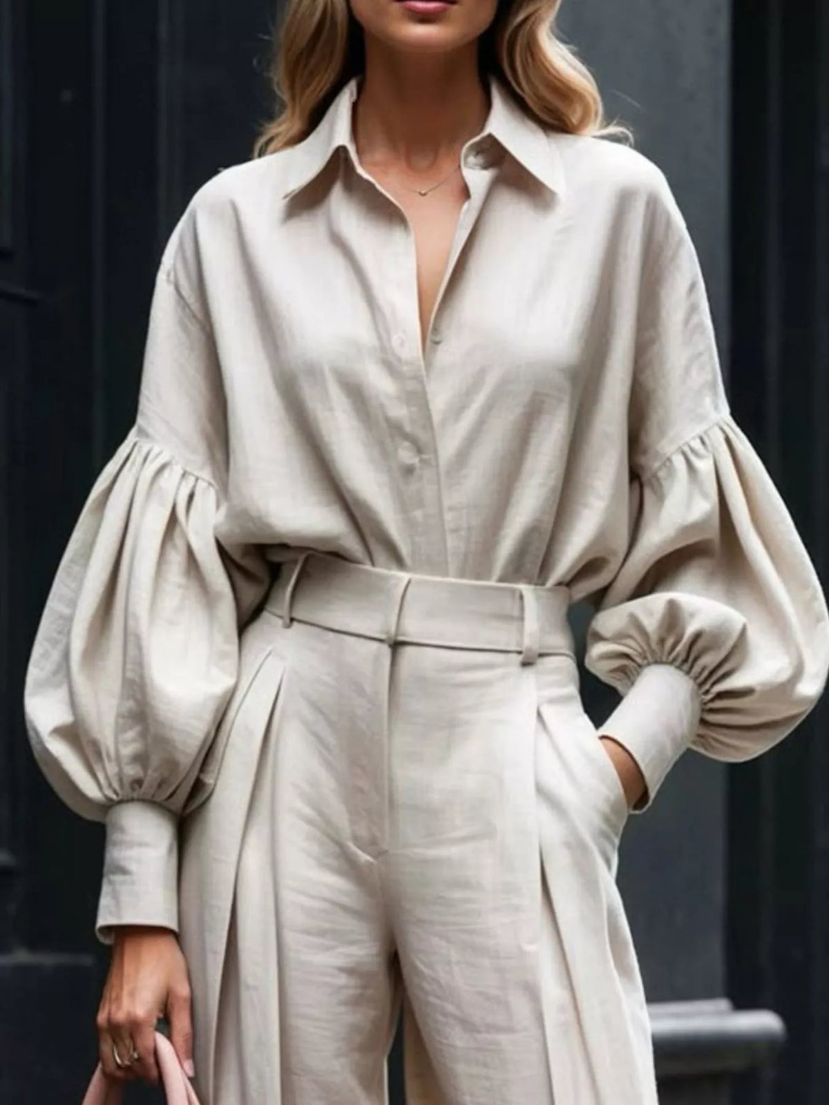 Lantern Sleeve Shirt and Wide Leg Pants Set