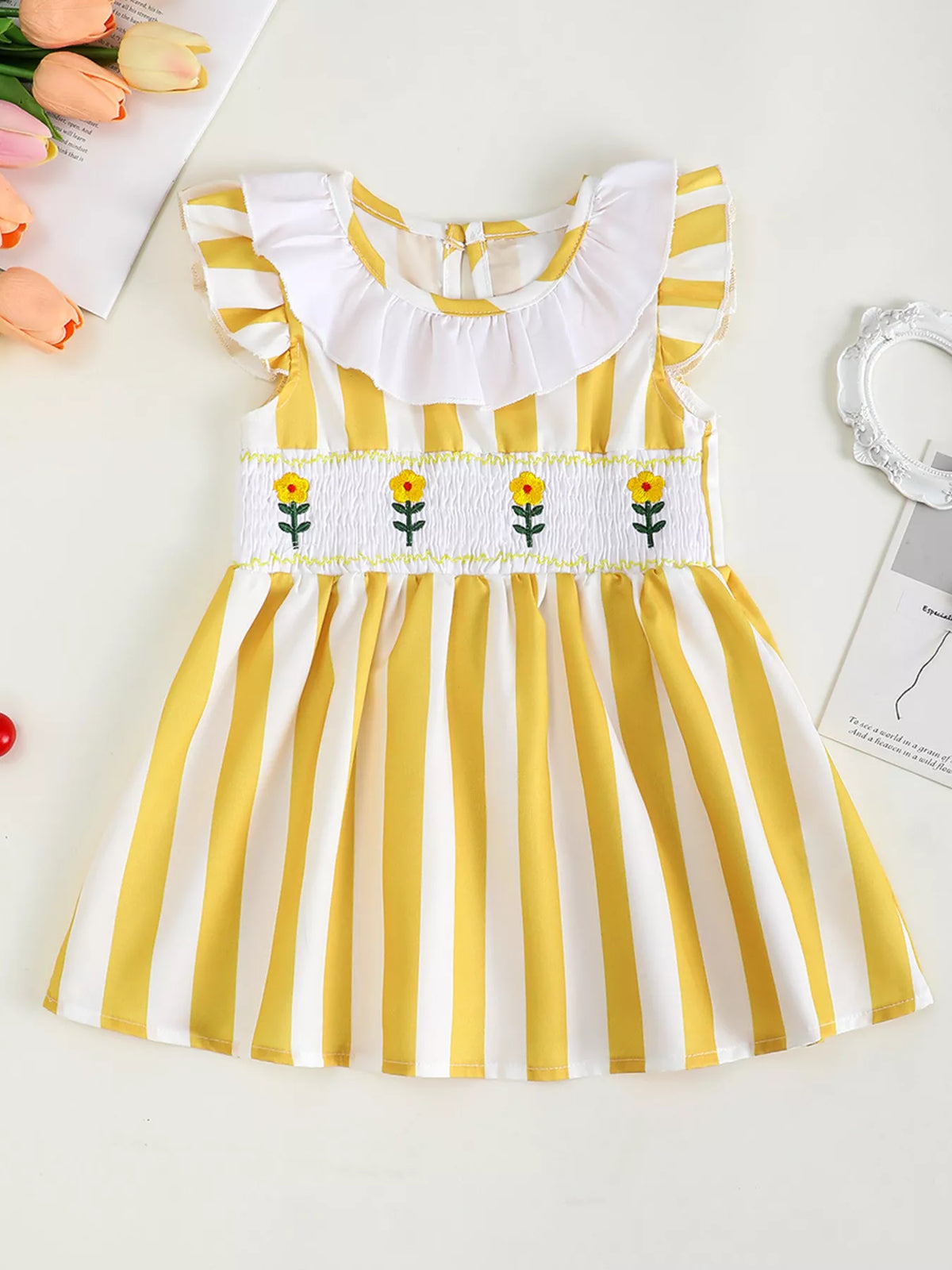 Children's Gingham Ruffle Dress with Floral Appliques