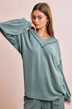 BiBi Two Tone Cord Rib Contrast Stitching V-Neck Top and Pants Set