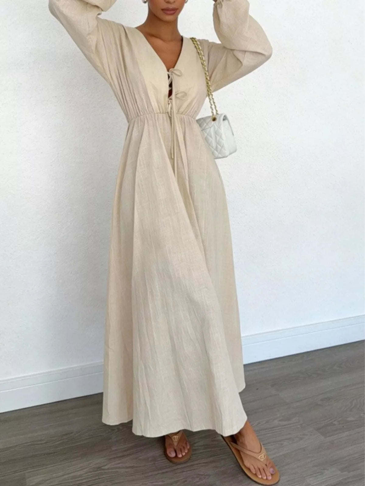 Tie Front Balloon Sleeve Maxi Dress