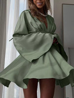 V-Neck Satin Mini Dress with Flowy Sleeves