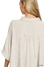 Zenana Full Size Woven Stripe Button Down Boxy Shirt Plus Size