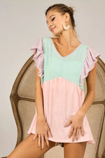 BiBi Triblend Color Block Ruffled Sleeve Babydoll Top