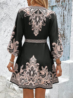 Printed V-Neck Balloon Sleeve Mini Dress