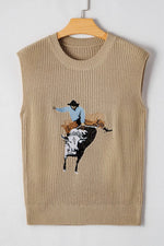 Western Cowboy Embroidery Round Neck Sleeveless Sweater