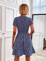 Printed Ruffled Hem V-Neck Short Sleeve Mini Dress