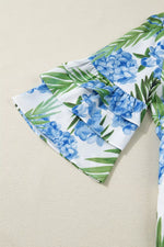Palm Floral Print Contrast Ribbon Knot Ruffle Tiered Sleeve Mini Dress