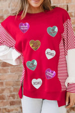 Valentines Day Sequin Heart Striped Color Block Patchwork Sweatshirt
