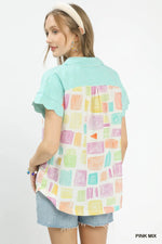 Umgee Mixed Media Print Button Front Collared Top