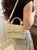 Floral Embroidered Straw Woven Crossbody Bag
