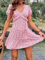 Floral Print Wrap Mini Dress with Puff Sleeves