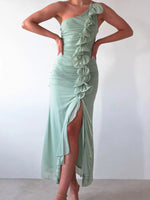 One-Shoulder Ruffle Slit Dress