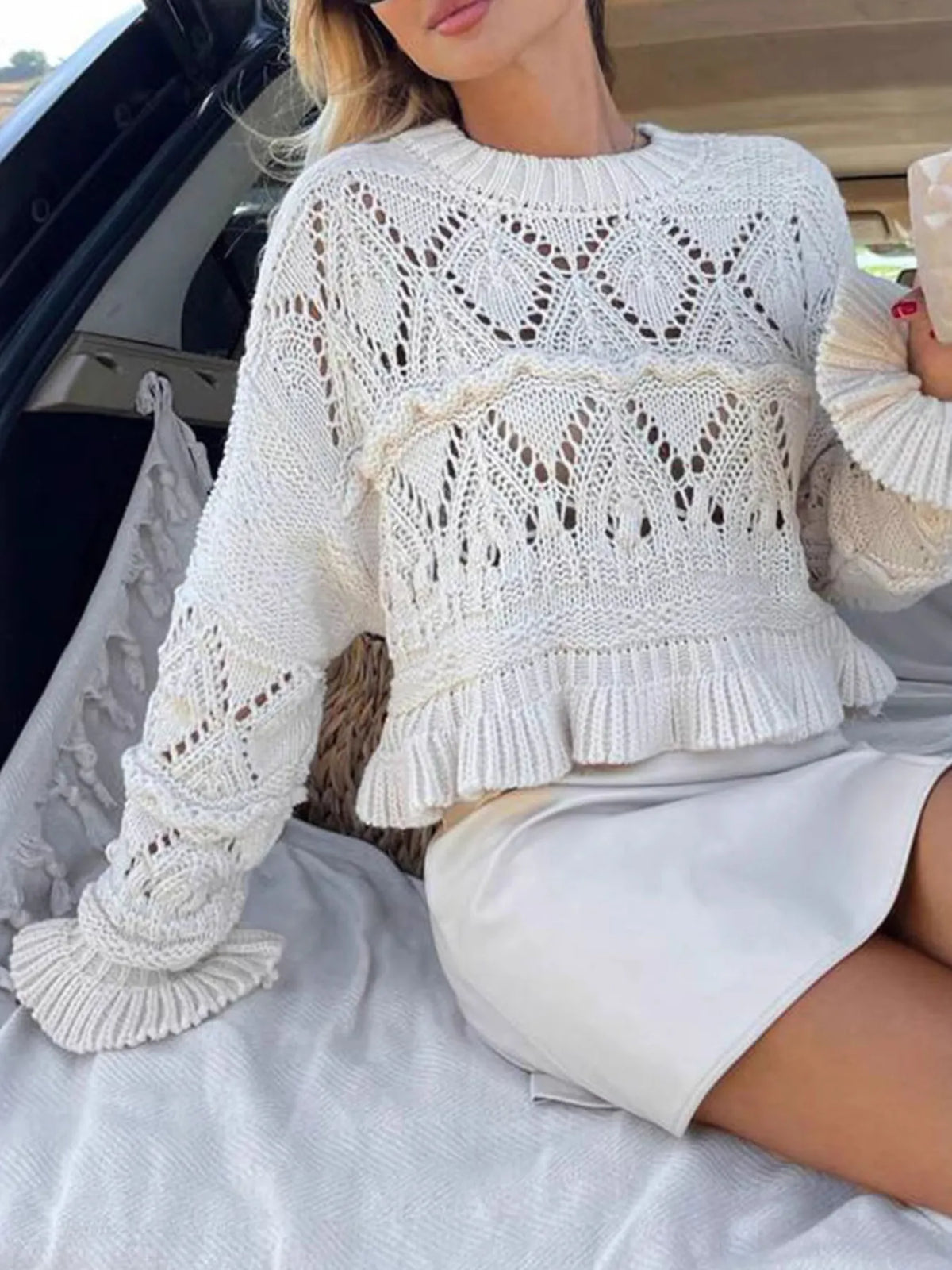 Crochet Ruffled Hem Long Sleeve Sweater