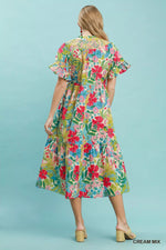 Umgee Tropical Floral Ruffle Sleeve Tiered Midi Dress