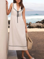 Nautical V-Neck Sleeveless Midi Dress with Contrast Trim