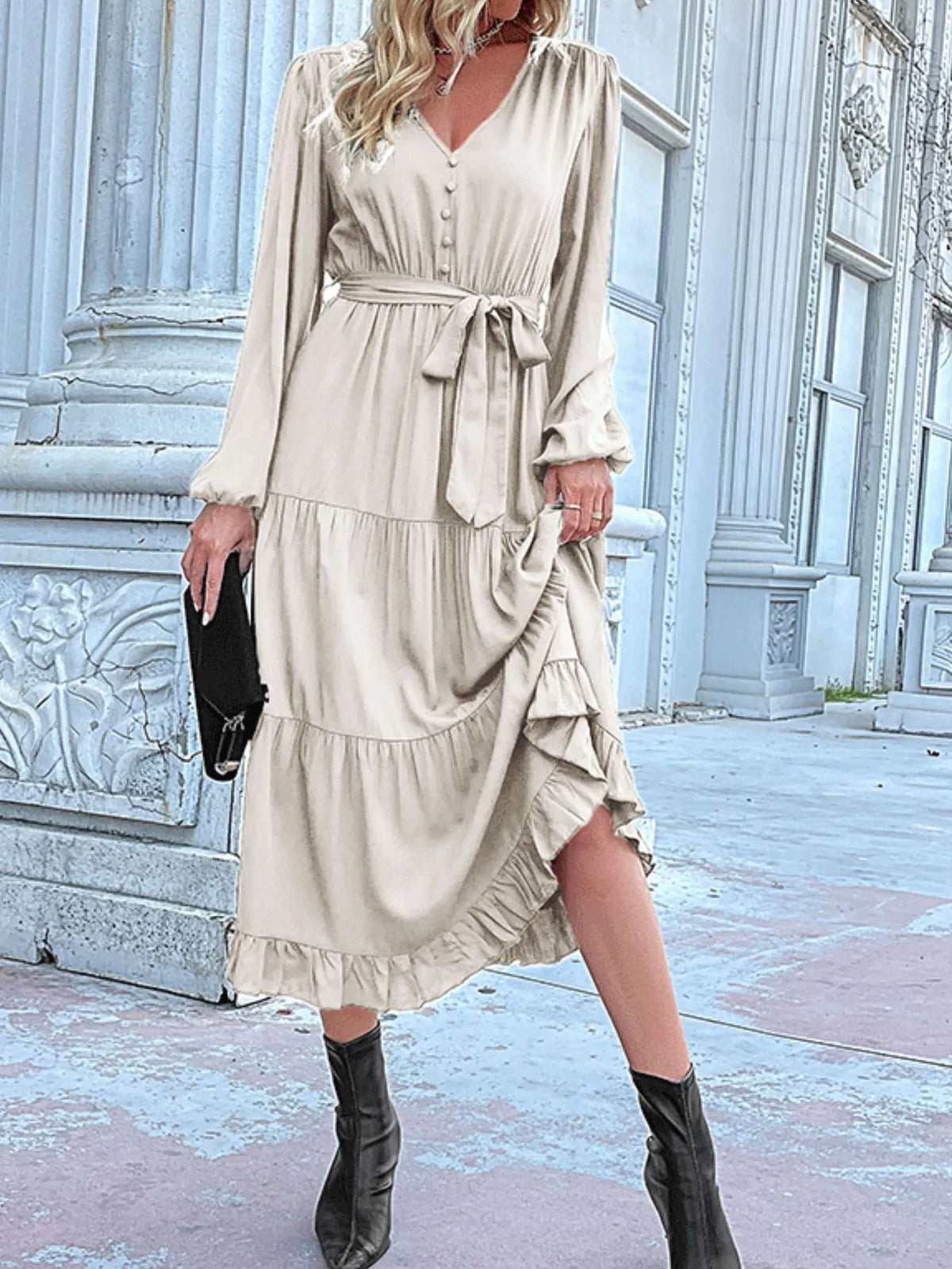 Ruffled Hem V-Neck Balloon Sleeve Dress