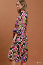 Umgee Abstract Print Embroidered Belted Midi Dress