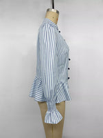 Striped Mandarin Knot Buttons Peplum Hem Shirt