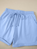 Collared V Neck Tee Drawstring Elastic Waist Shorts 2pcs Outfit