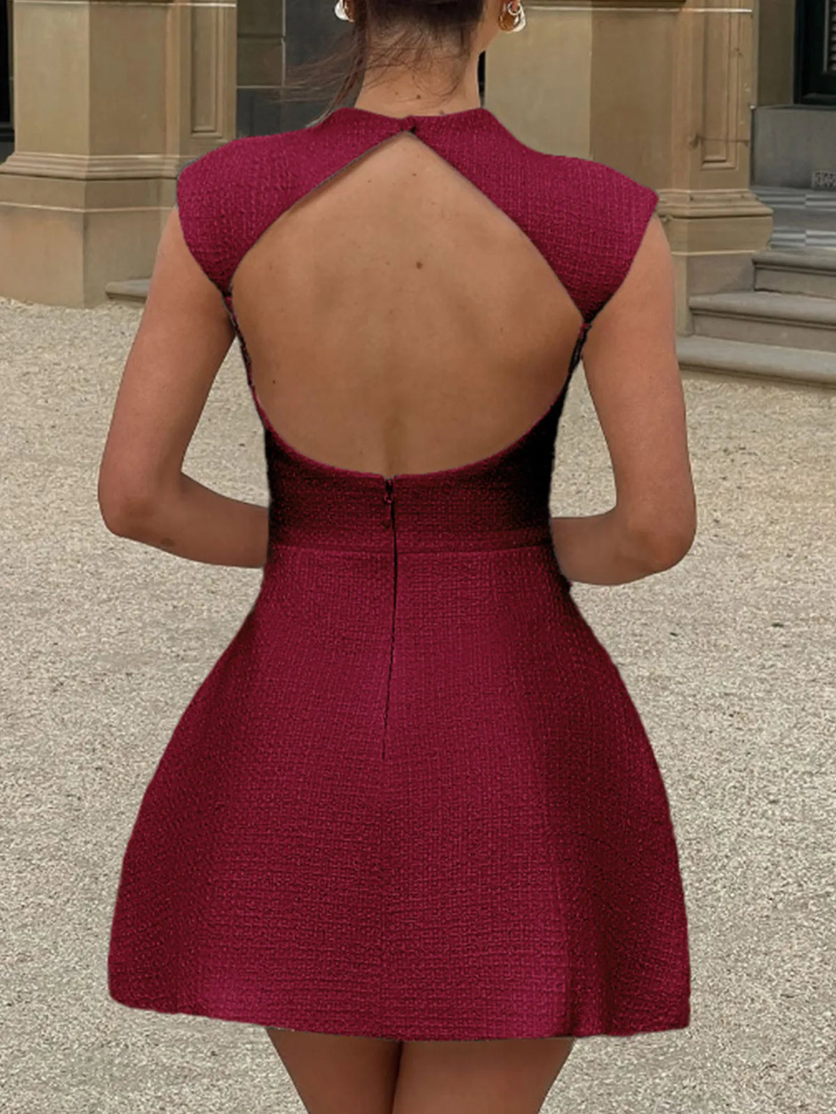 Cutout Back Round Neck Cap Sleeve Mini Dress