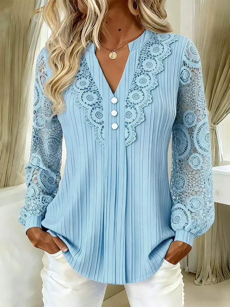 Lace Long Sleeve Notched Blouse