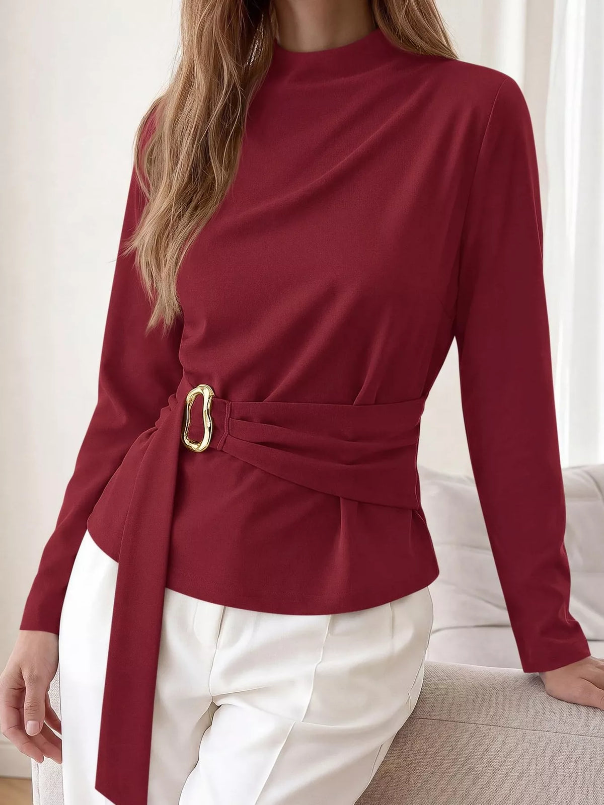 Mock Neck Blouse with Waist-Defining Metal Buckle Detail