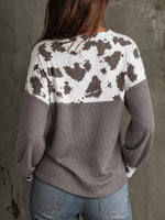 Cow Print Color Block Waffle Knit Blouse
