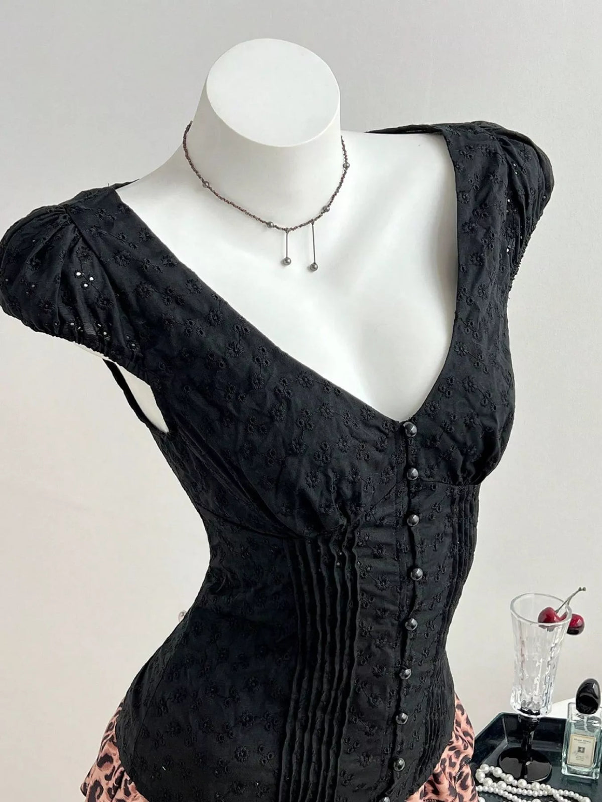 Lace V-Neck Cap Sleeve Blouse