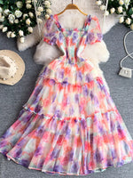 Smocked Floral Tiered Mesh Midi Dress