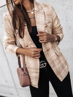 Full Size Plaid Tweed Double-Breasted Blazer Plus Size