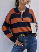 Striped Button Detail Dropped Shoulder Knit Top