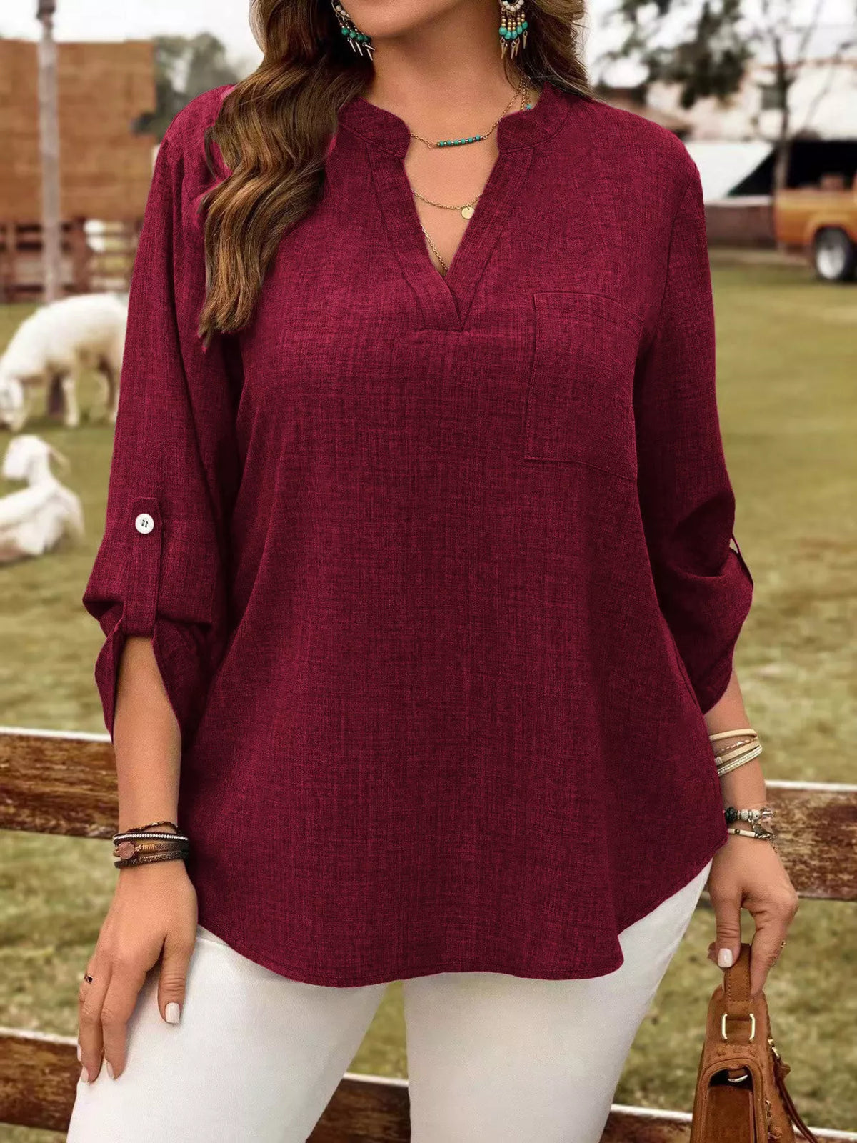 Plus Size Notched Roll-Tab Sleeve Casual Blouse