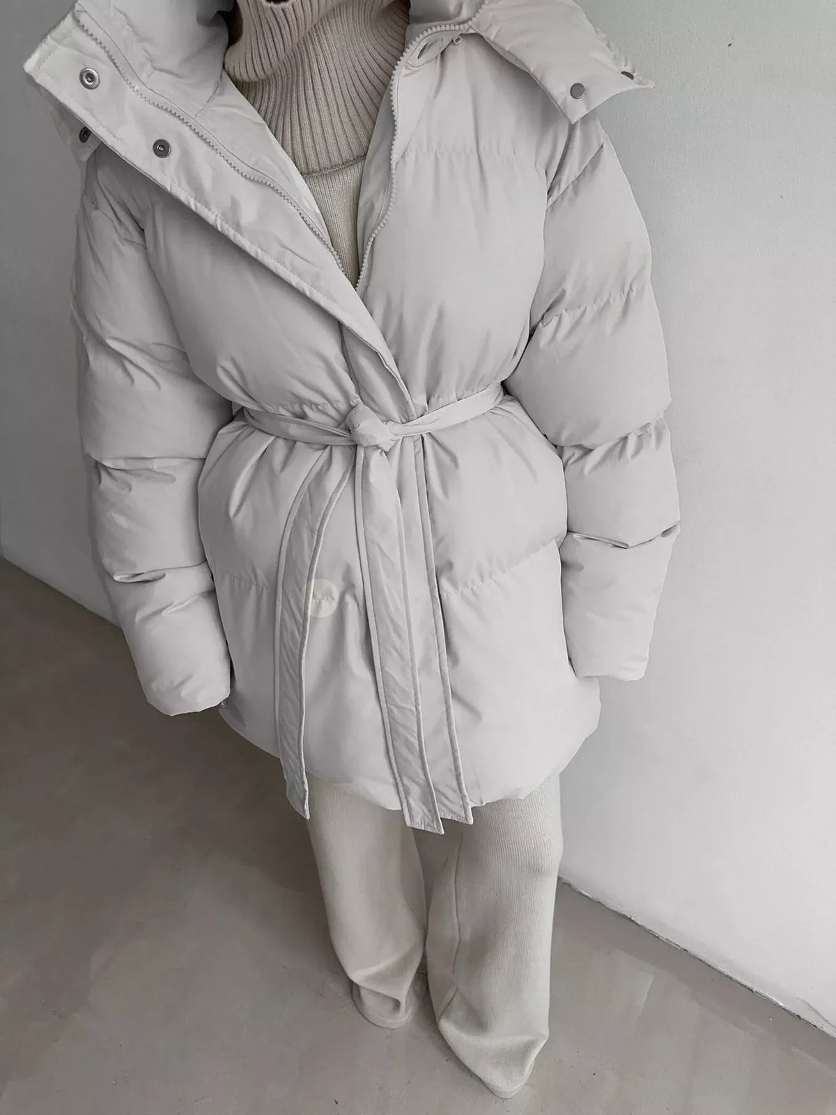Mid-Length Thickened Hooded Winter Coat with Belted