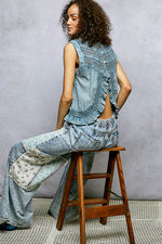POL Button Closure on Back Ruffled Sleeveless Cotton Blouse with Trim Detail