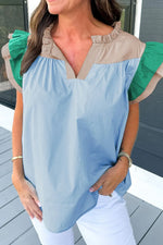 Color Block Notched Ruffled Cap Sleeve Blouse