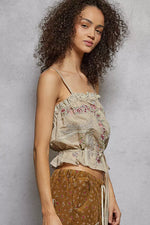 POL Button Down Floral Embroidered Cropped Cami with Lace Detail