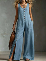 Full Size Sleeveless Button-Down Wide-Leg Jumpsuit Plus Size